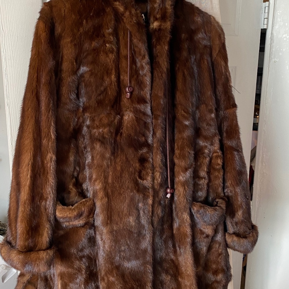 Real mink fur coat with hood